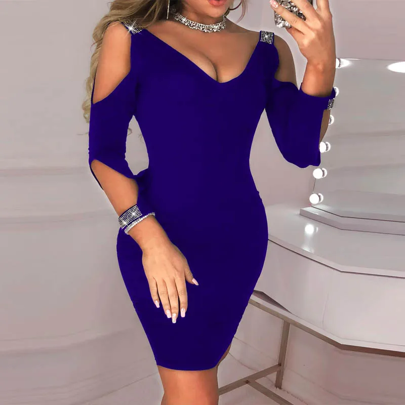 Женское летнее платье с открытыми плечами, Vestidos Verano, сексуальный вырез, глубокий v-образный вырез, без рукавов, облегающее Клубное платье знаменитостей для вечеринок - Цвет: Синий