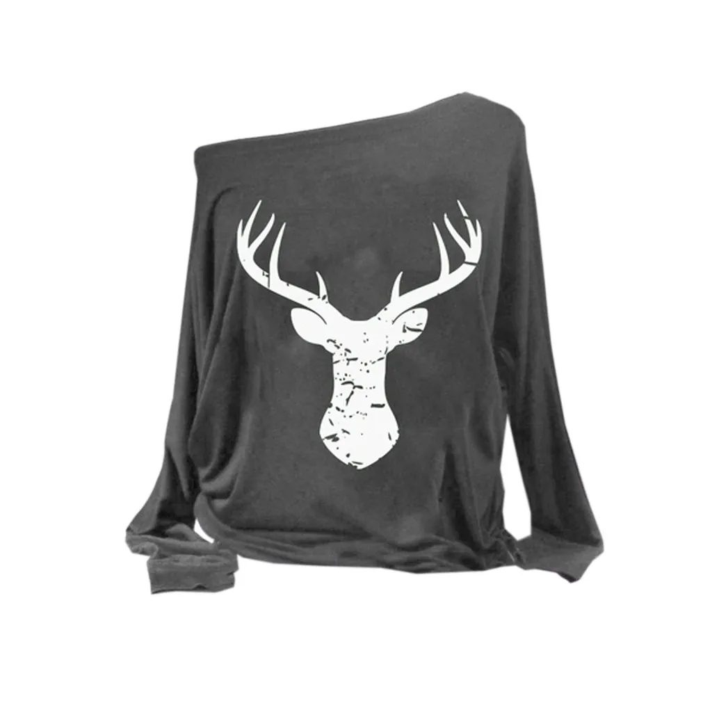 Z30 Рождественская рубашка женская повседневная с принтом оленя, с заниженным плечом, с длинным рукавом, блузка для женщин, плюс размер, топы, блузы, пуловеры, свободные блузки