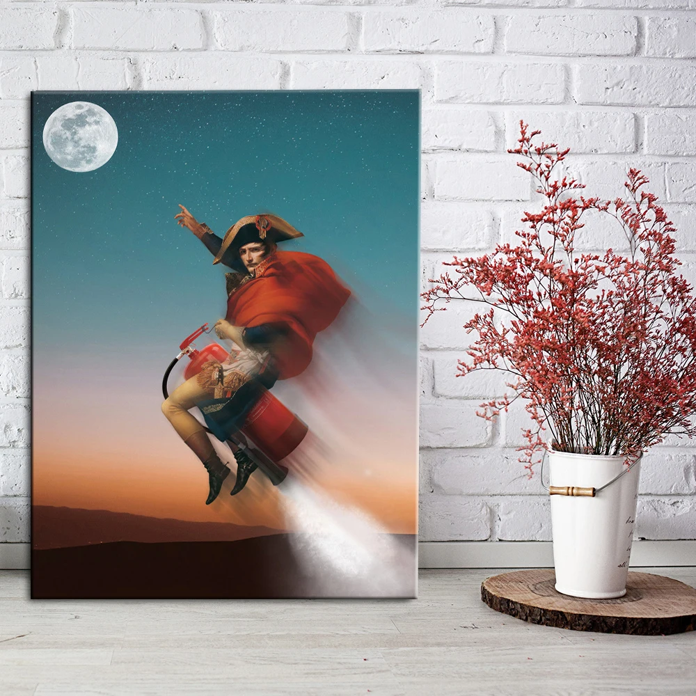 

Spoof Napoleon Fly To Moon With Fire Extinguisher Poster Prints Canvas Painting Wall Art Picture For Home Goods Room Decoration