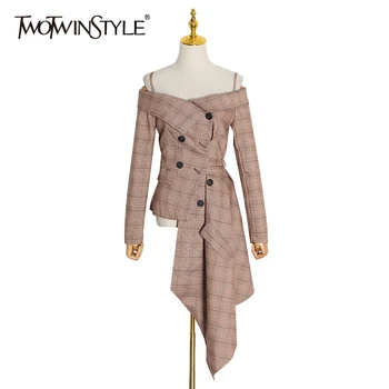 

TWOTWINSTYLE Casual Plaid Women Coat Slash Neck Long Sleeve High Waist Tunic Irregular Jackets Female Fashion Clothing 2020 Tide