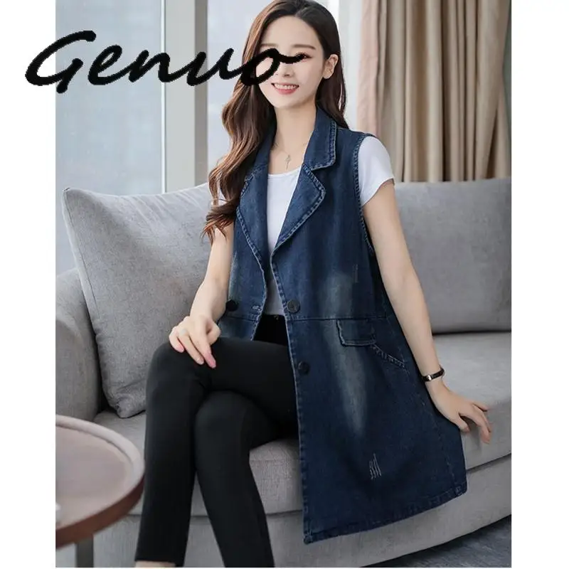 

Genuo Spring Denim Jackets Vest Woman 2018 Autumn Plus Size Long Waistcoat Denim Female Korean Denim Jacket Sleeveless Vest 234