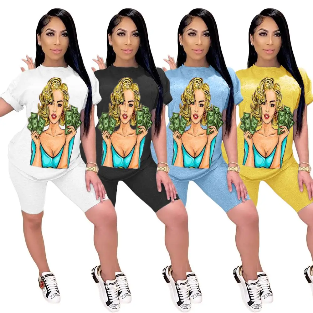 

2 Piece Set Women Tracksuit Black White Yellow Top and Shorts Two Piece Set Cute Kawaii Character Sport Set Ladies Outfits Femme