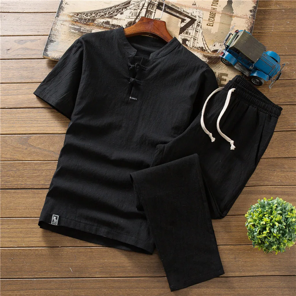 

Fashion Men's Cotton And Linen Sweatpants Short Sleeve Shorts Set Suit Tracksuit 2019 Men Breathable Sportwear Dropshipping