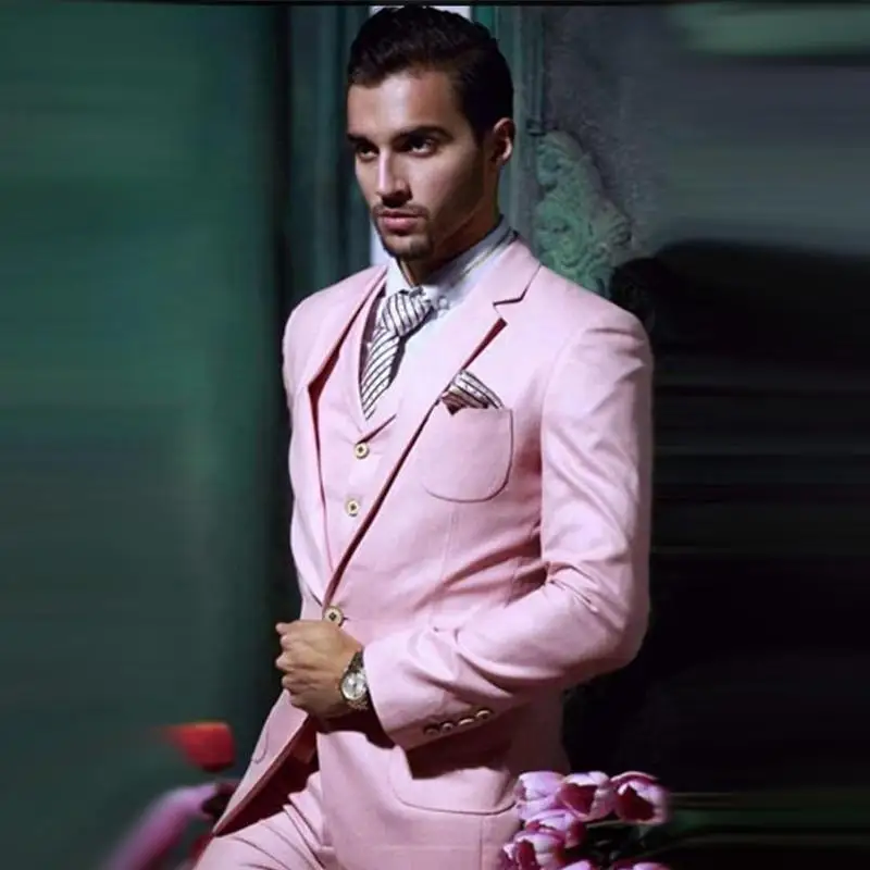 

2020 New Custom Made One Button Pink Groom Tuxedos Notch Lapel Best Man Groomsman Men Wedding Suits ( jacket+Pants+vest+tie)