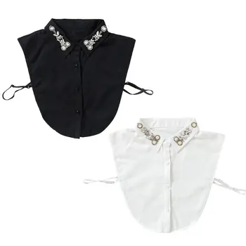

Korean Women Autumn Sweater Decor Chiffon Fake Collar Rhinestone Studded Imitation Pearl Flower Beaded Detachable Half-Shirt