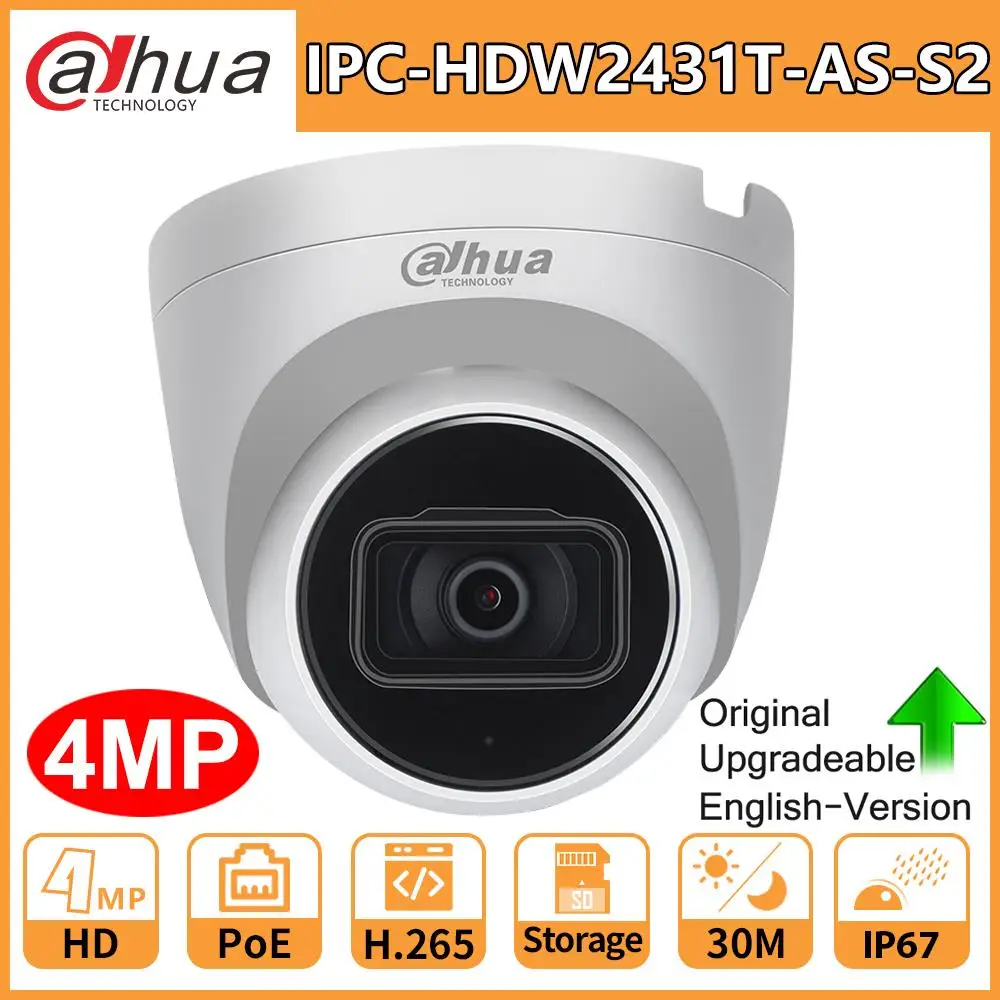 Оригинальная ip камера Dahua HD 4MP IPC HDW2431T AS S2 PoE IR 30M слот карты Micro SD H.265 IP67 IK10 купольная