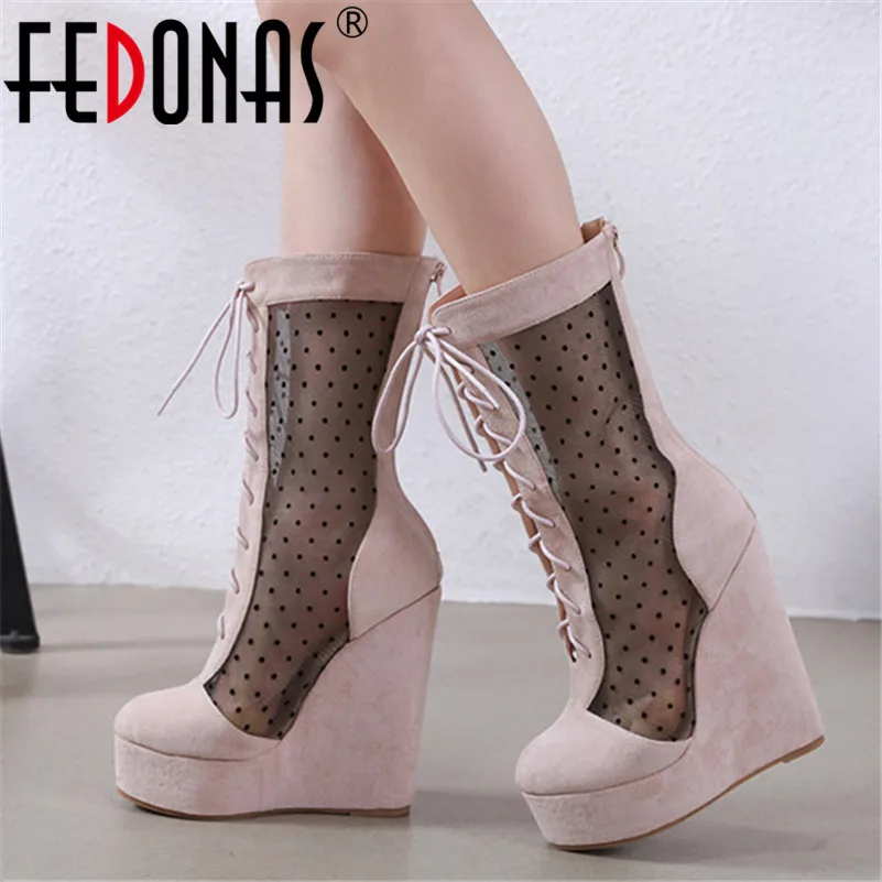 

FEDONAS 2020 Spring New Breathable Wave Point Mesh Women Vintage Mid-Calf Boots Patchwork Female Wedges Party Prom Shoes Woman