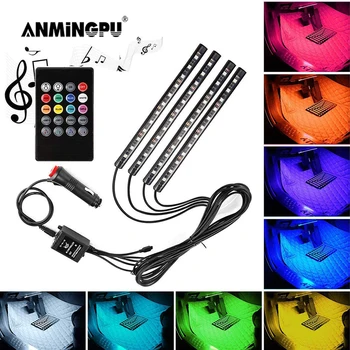 

ANMINMGPU 4pcs RGB LED Car Interior Light USB Cigarette Lighter Decoration with Remote Music Control LED Atmosphere Foot Light