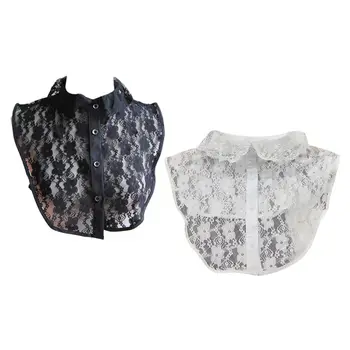 

Women Fake Collar Embroidery Sheer Floral Lace Ruffles Lapel Sweater Half-Shirt