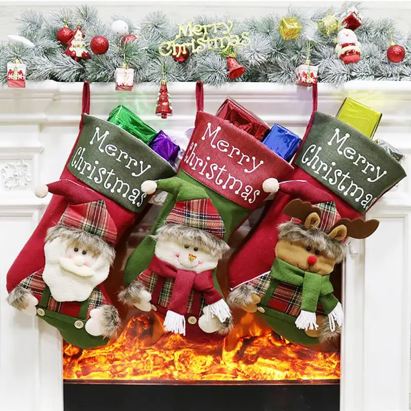 

New Year Decor Christmas Stockings Socks Snowman Elk Doll Santa Claus Candy Gift Bag Xmas Tree Hanging Decoration For Home