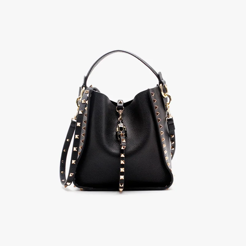 

Litchi Pattern Cowhide Leather Bucket Bag for Women 2020 New Rivet Decoration Shoulder Messenger Handbags Ladies Fashionable Bag