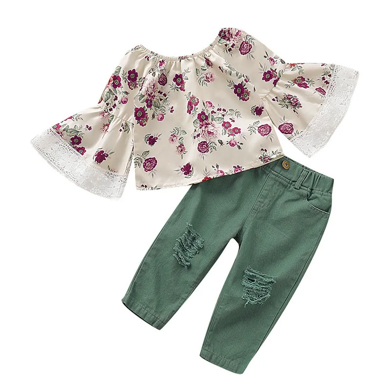

Autumn Clothes for Baby Girls Casual Flare Sleeve Flower Print T-shirt Tops+Pants Suits Costume Set Baby Clothes #p