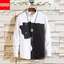 Черно-белая рубашка с забавным принтом кота из мультфильма, мужские Модные осенние свободные топы с длинным рукавом, мужские уличные повседневные рубашки размера плюс, Новинка