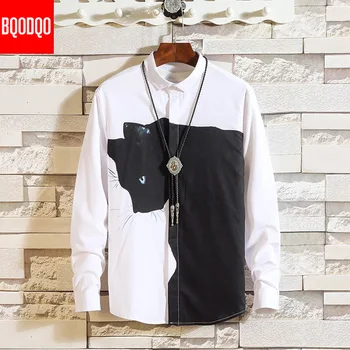 

White Black Funny Cat Cartoon Print Shirt Men Fashion Long Sleeve Autumn Loose Tops Male Streetwear Casual Shirts Plus Size New