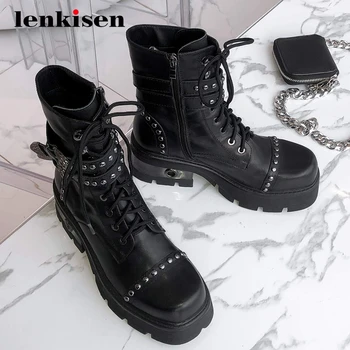

Lenkisen new motorcycle boots natural leather buckle rivets superstar square toe thick high heel zipper platform ankle boots L15