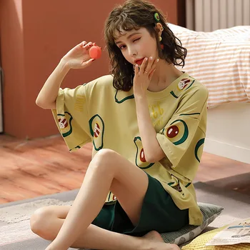 

Underwear Sleepwears Knitted Cotton WOMEN'S Short-sleeved Clothes Shorts Pajamas Suit-Outer Wear Nightgowns Sleepshirts