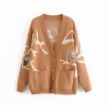 

High Quality Women Autumn Outwear Cardigan Knitted Breasted Buttons Two Pockets Female Sweater Cartoon