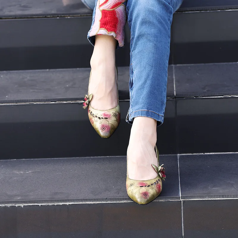 

2020 Genuine Leather Handmade WOMEN'S Shoes National Wind Women's Pointed-Toe High Heels Slip-on Casual Shoes