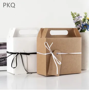 

50Pcs Baking Cookies Packaging Box White Kraft Paper Box with handle Present Candy Box Wedding Party Supplies 14.5*6.5*16cm