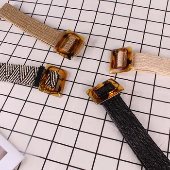 

Stripe PP straw woven elastic waistband women fashion retro translucent rectangular buckle belt leisure Baitie decorative tide