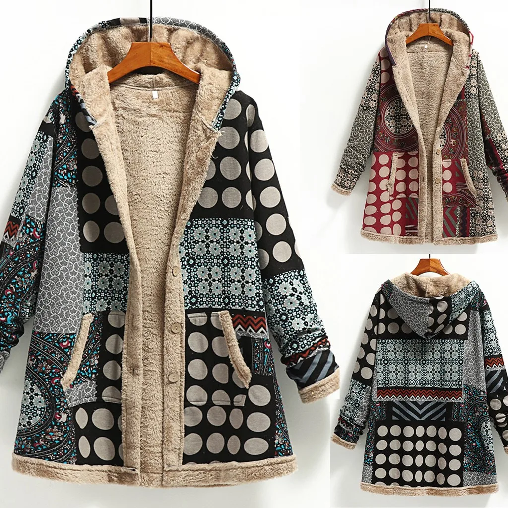 Abrigo de invierno con capucha para mujer, chaqueta gruesa de talla grande de Cachemira con bolsillo, abrigo de lino holgado estampado de algodón de manga larga Retro|Lana y - AliExpress