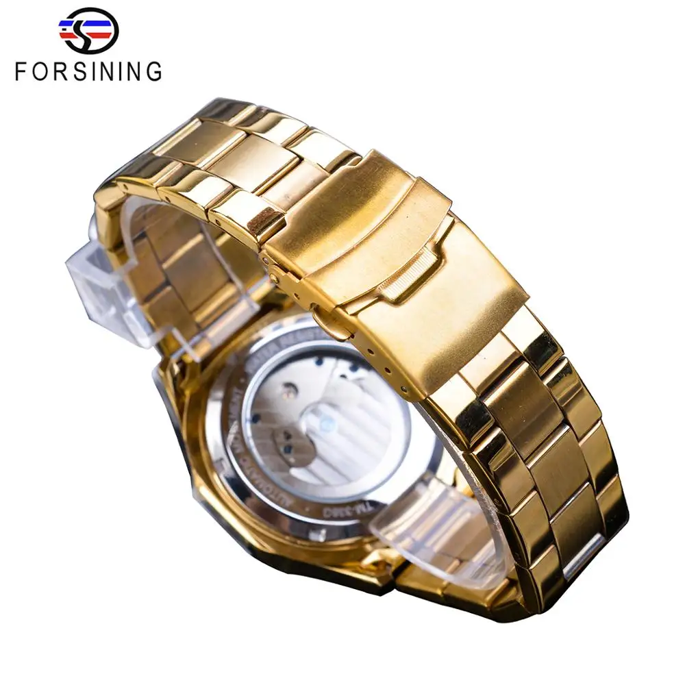 Forsining Tourbillon Moon Phase Мужские механические часы стимпанк Роскошные шестерни самообмотки золотые стальные автоматические часы наручные часы