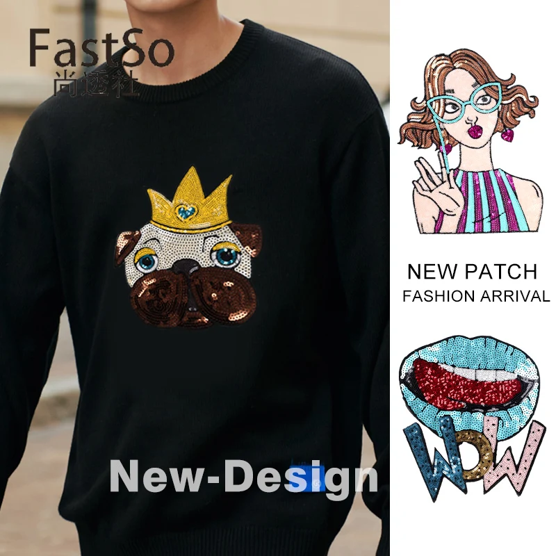 

Sequin Embroidery Iron on Patches for Clothing Fashion DOG WOW Big Patch Applique Sweater Decorative Repair Clothes