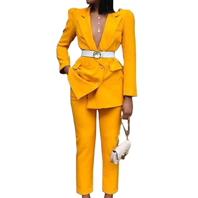 Винтажный осенне-зимний уплотненный женский брючный костюм красный желтый зубчатый Блейзер куртка и брюки офисная одежда женские костюмы женские наборы