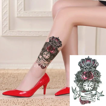 

Waterproof Temporary Tattoo Sticker Crown Pink Rose Roma Number Clock Bird Fake Tatto Flash Tatoo Arm Leg Art for Women Men
