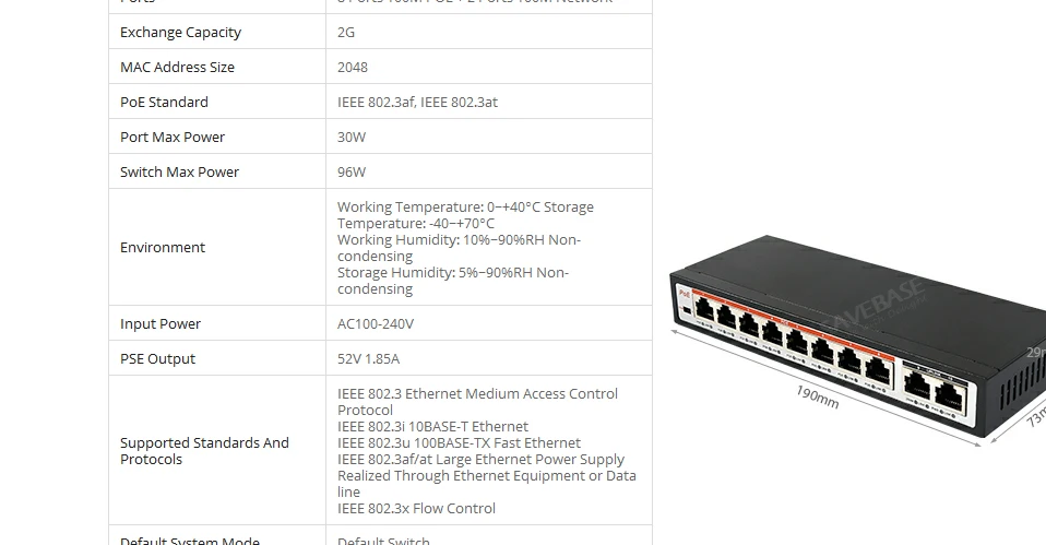 10 портов 100M PoE+ коммутатор 8 портов PoE+(Plus) 802.3af/at 30W 2 Uplink Ethernet