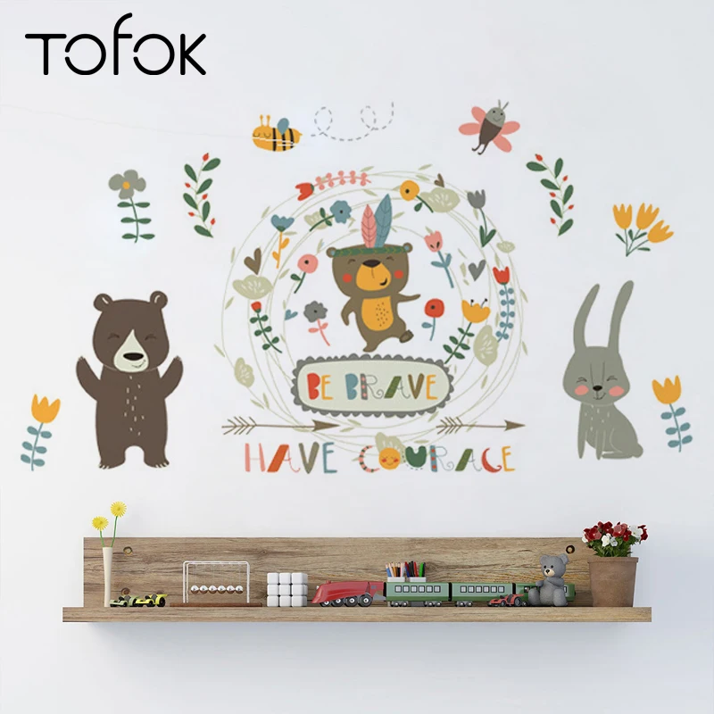 

Tofok Wreath Happy Bear Rabbit Wall Sticker Cartoon Style Bedroom Kids Room Adhesive Decals Home Fridge Nursery Wallpaper Decor