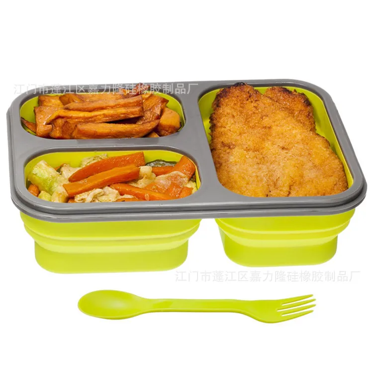 Three Grid Silicone Folding Lunch Box through FDA Lfgb Standard Test Guangdong Manufacturers Portable Lunch Box