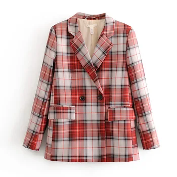 

Stylish Chic Plaid Notched Blazers Women Fashion Double Breasted Check Blazers Elegant Ladies Plaid Printed Long Sleeve Suits