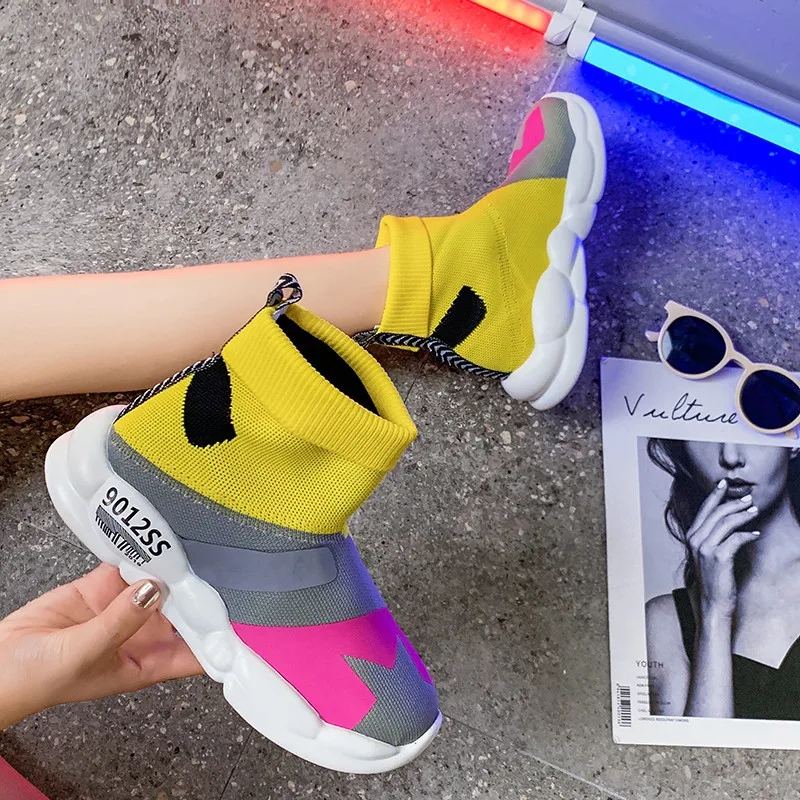 Spring Boots Shoes Woman Flats Sock Elastic Lightweight Shoes Casual Female Colorful Knit Sock Summer Mix Color Shoes