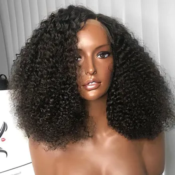 

Synthetic Lace Front Wigs 16 Inch Short Kinky Curly Natural Black Color Hair Wigs For Black Women 250 Density Fiber Hair