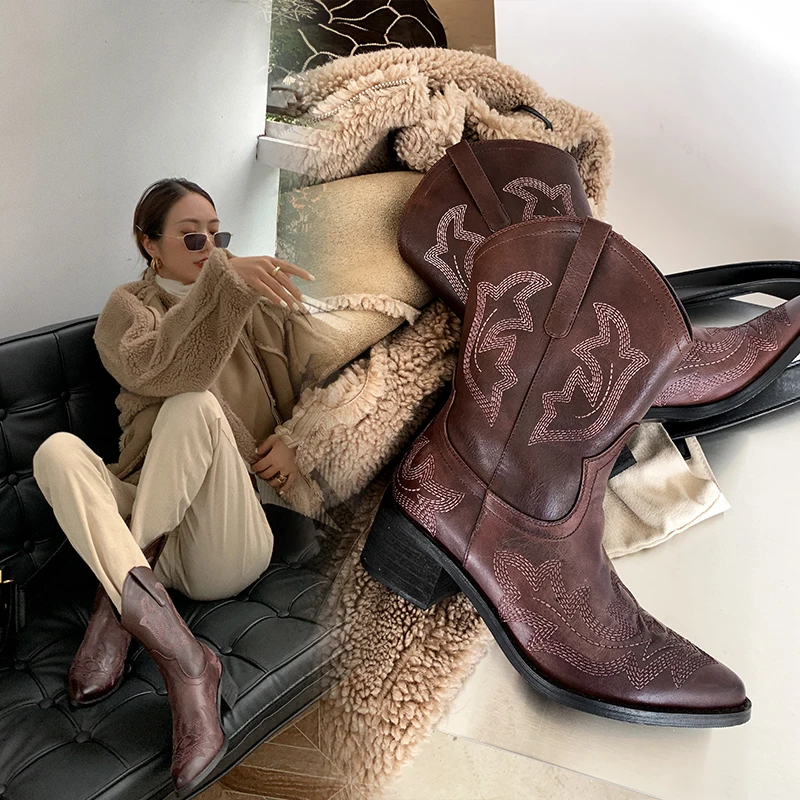 

2020 New Thin Skinny Boots Middle Boots Leather Western Cowboy Boots Heel Pointed Retro Booties