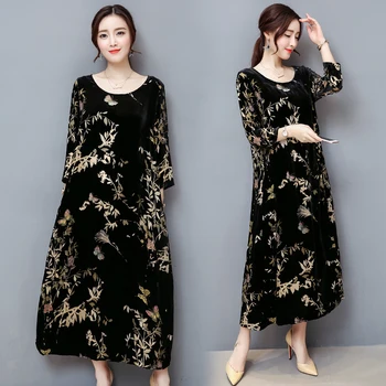 

Autumn New Seven-point Sleeve Sparkly Dress Round Neck Gold Velvet Loose Vintage Floral Dress Plus Size Clothes Black