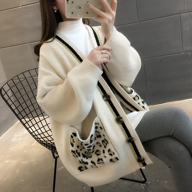 Vintage Leopard Pocket Knit Cardigan Women Sweater Elegant V Neck Single Breasted Sweaters Coat Autumn Solid Loose Outwear |