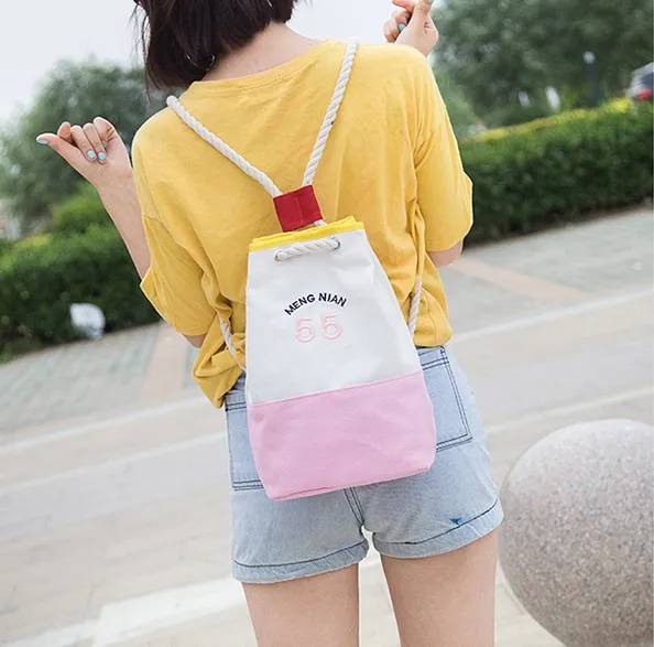 

Korean-style Women's Canvas Pull-belt Bucket Backpack School Bag Joint Contrast Color Shoulder Bag WOMEN'S Bag