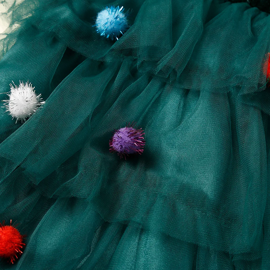 Рождественское платье для девочек зеленое Сетчатое платье с помпонами и золотыми бархатными рукавами, многослойная юбка-пачка, платье для рождественской елки, детская одежда выше колена,#5G4
