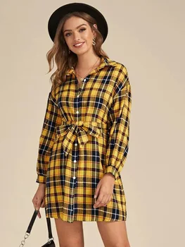 

Ladies Tops And Blouses 2019 Elegant Long Sleeve Chemisier Femme Yellow Plaid Belt Shirts Women Fashion Work Office Clothes