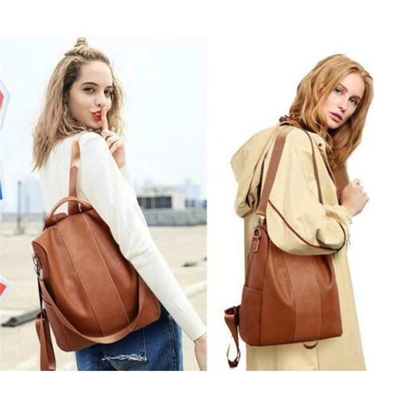 

Female Anti-Theft Backpack Waterproof PU Leather Solid Color Backpack School Bags Large Capacity Fashion Shoulder Bag
