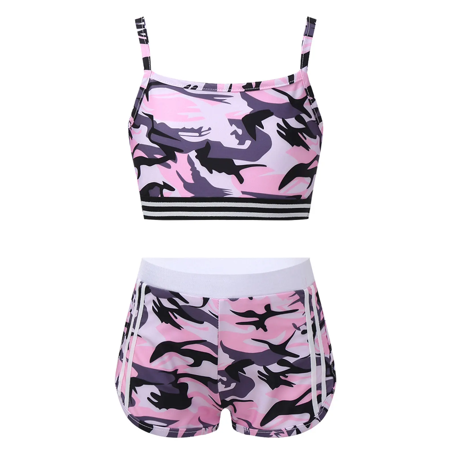 

Kids Girl Fitness Sportswear Summer Gymnastics Outfit Camouflage Sleeveless Crop Top with Shorts Tracksuit Children Tracksuit