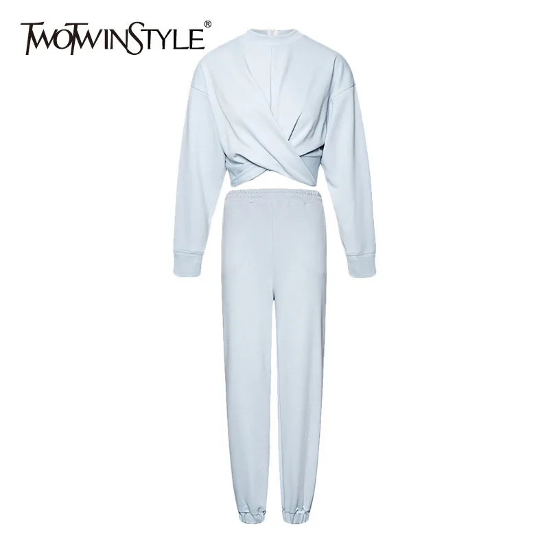 TWOTWINSTYLE Casual Two Piece Set For Women O Neck Long Sleeve Cross Sweatsuits Long Wide Leg Pants Loose Sets Female 2020 New TWOTWINSTYLE Casual Two Piece Set For Women O Neck Long Sleeve Cross Sweatsuits Long Wide Leg Pants Loose Sets Female 2020 New