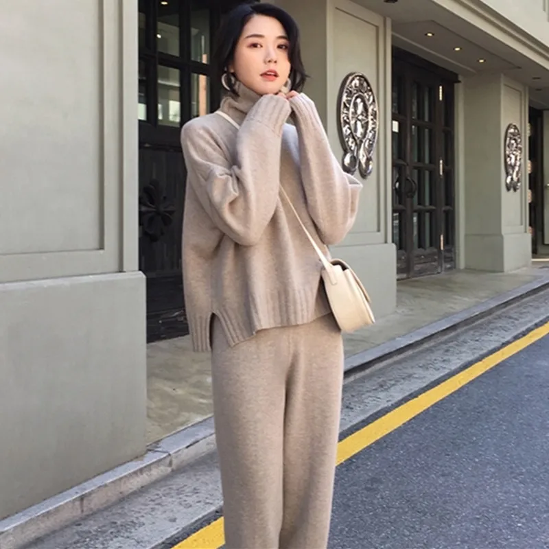

2019 Autumn Winter New Pattern Women Turtleneck Warm Knit Tracksuit Women Fashion Knitted Sweater 2 Piece Set Knit Pant Suits