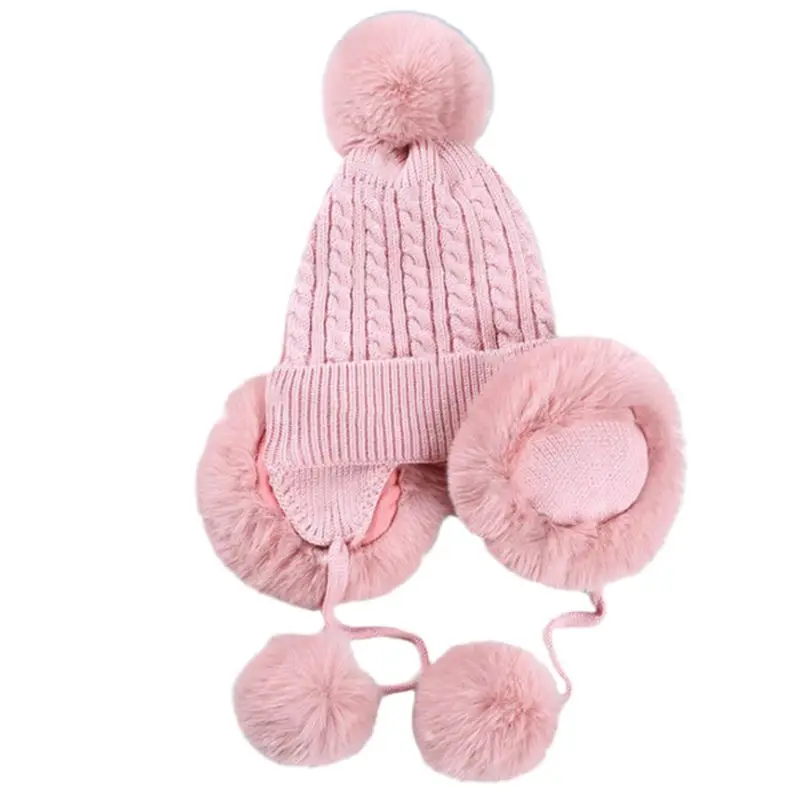 Детская зимняя теплая вязаная шапка-ушанка с пушистым помпоном, жаккардовая шапка с узором, защитные наушники для детей - Цвет: Розовый