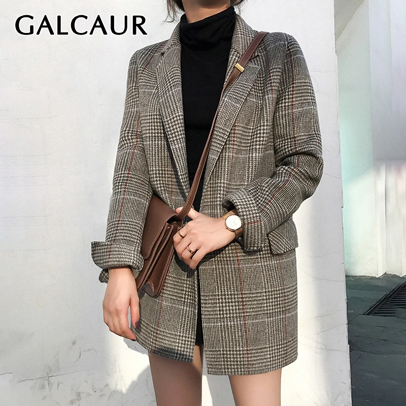 GALCAUR винтажные клетчатые женские блейзеры с зазубренным длинным рукавом и карманом размера плюс повседневные длинные блейзеры для женщин Осенняя мода Новинка