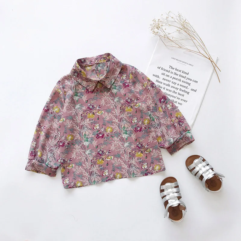 Chifuna/Новые Осенние фиолетовые Блузы с длинными рукавами и цветочным принтом; рубашки для девочек; одежда для малышей; блузка; топы для девочек; Элегантная мода