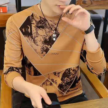 

Autumn New Men's Long-Sleeved T-shirt Korean Style round Neck Panel Pullover Hoody T-shirt Trendy and Casual Men's Top