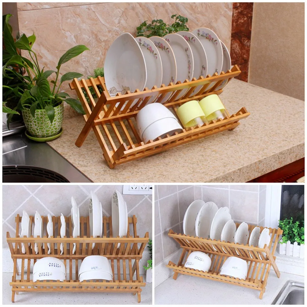 Складная бамбуковая сушилка для посуды, держатель для посуды, держатель для хранения тарелок, деревянная складная кухонная посуда дуршлаг, стойка
